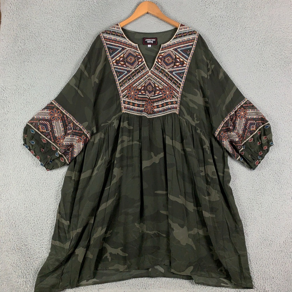 Johnny Was Workshop Camo‎ Silk Tunic Dress Womens 3X Green Embroidered Boho Bell